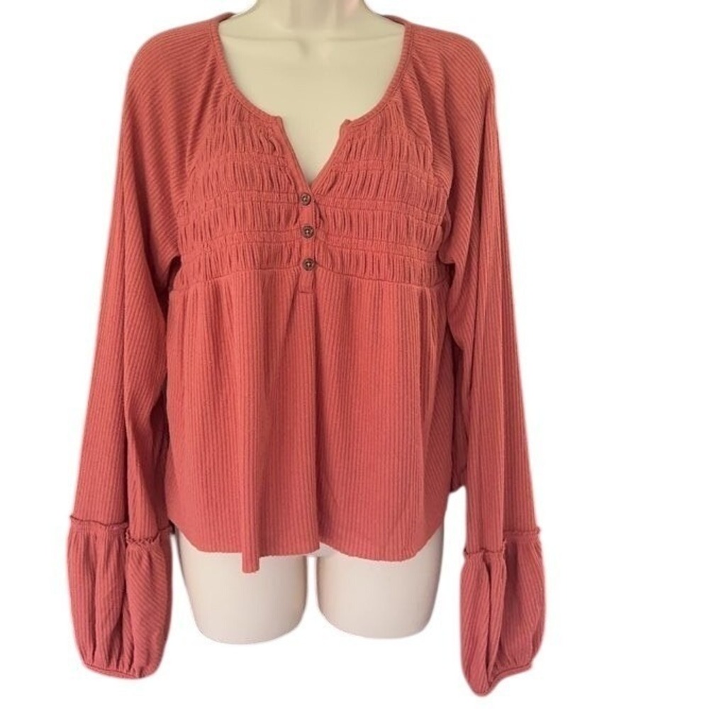 New In Women Terracotta Ribbed Smocked Babydoll Top Bell Sleeve NT10245 Small